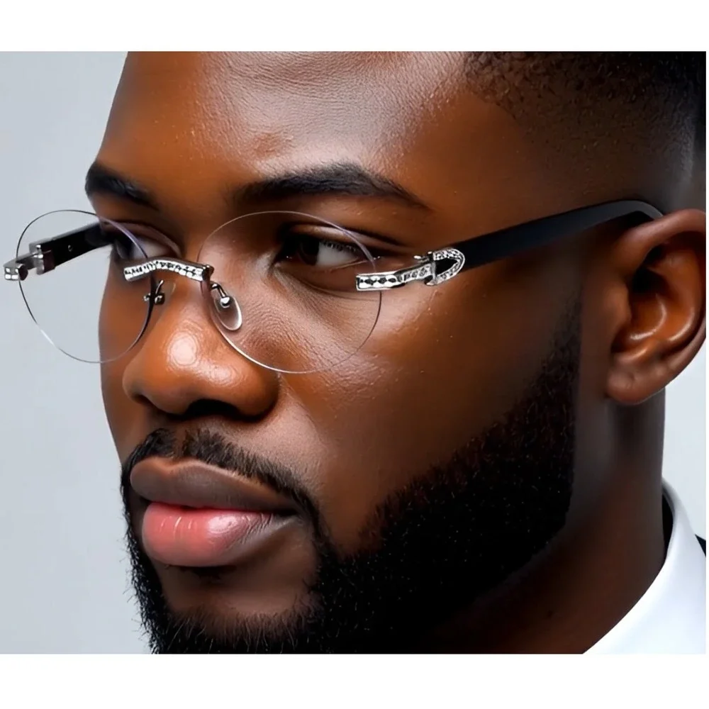 Rimless Sunglasses Rhinestone Silver Clear Lens Wood Grain Arm Men‎ Street Wear